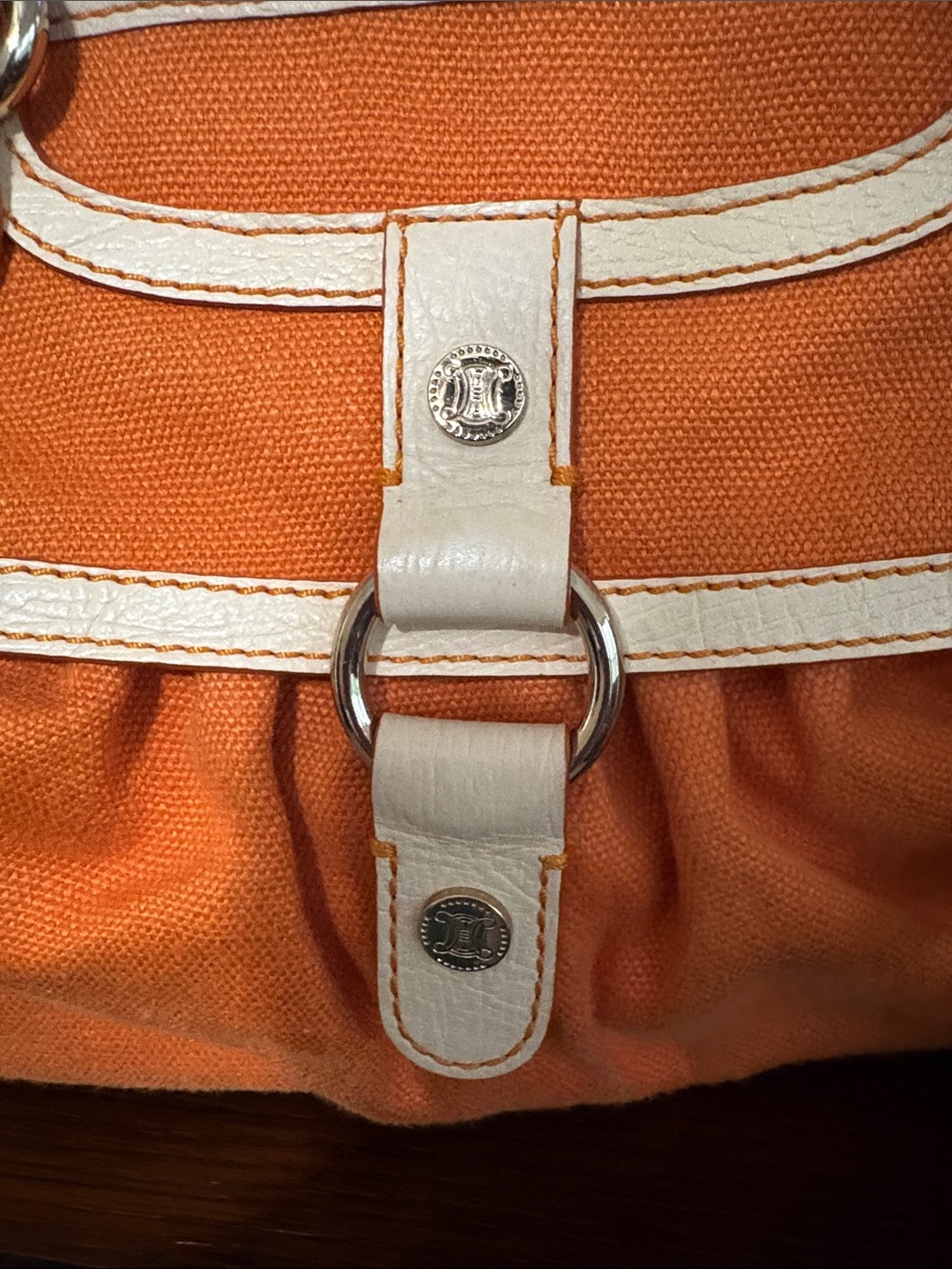 Celine Boogie Canvas Satchel - Orange & Cream Leather Trim with Tassels & Charm - Picture 2 of 16